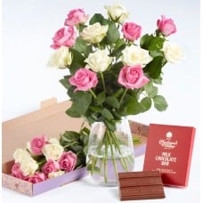 Pink and White Rose Letterbox with Luxury Chocolate Gift Set