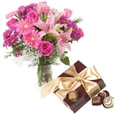 Pink Lilies Gerberas Roses In Vase With Chocolates (Flowers And Wine)