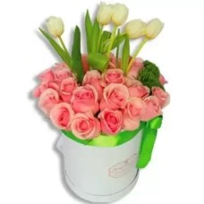 Pink Roses And Seasonal White Tulips (Standard)