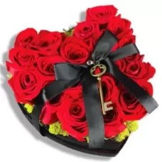 Red roses in shaped heart box