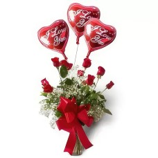 12 Red Roses Bouquet with Trio Balloons