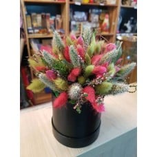 Multi-Colored Lavender& Lagurus Flowers In A Hat Box