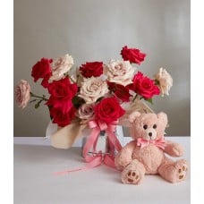 Romantic Rose Arrangement with Plush Bear