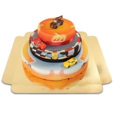 Cars 3 - Lightning McQueen, Cruz Ramirez and Hook on 3 tier racetrack cake with ribbon