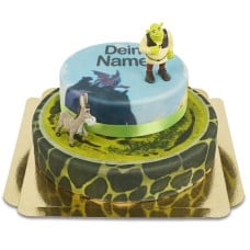 Shrek and donkey on two tier fairytale cake