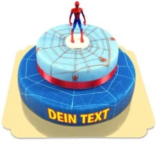 Spider-Man on two tier spider web cake with ribbon