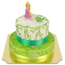 Rapunzel and Pascal on a 2-tier tower cake with ribbons