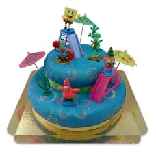 Spongebob & Patrick on two tier sea cake with ribbon