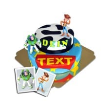 Cowboy Woody & Buzz Lightyear on a tiered cake with ribbon
