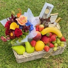 GOURMET CHOCOLATE, FLOWER & FRUIT BASKET