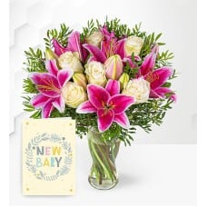 Pink Lilies & Roses with New Baby Card (Standard)