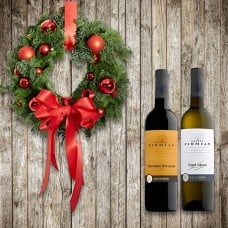 Door wreath from Nobilus greens and Red deco + 2 Bottles Italian wine