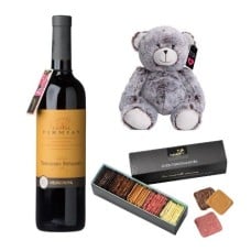 Gift Package, Red wine, Chocolate Flowers, and a little bear
