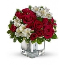 18 Red Roses & White Alstroemeria in glass vase