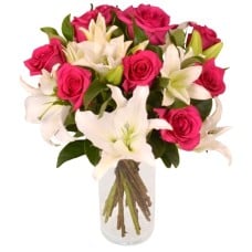 Roses and Lilies in Glass Vase