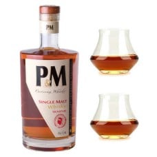 P&M Single Malt Signature Whisky from Corsica 42% and its 2 glasses