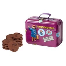 Paddington Bear metal suitcase filled with chocolate and orange biscuits