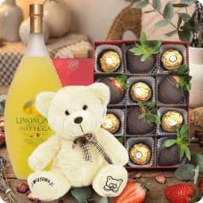 Dark and Gold in Dark Chocolate with Ferrero Rocher + Bottega Limoncino Liqueur and Teddy Bear