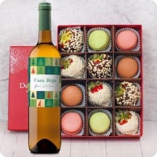 Strawberries in white and milk chocolate with coconut and nut topping and macaroons + Casa Roja White Wine