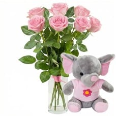 7 pink roses with pink elephant