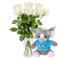 7 white roses with blue elephant