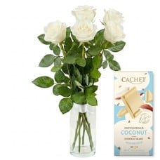 5 white roses with chocolate