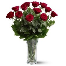 One dozen roses in a glass vase
