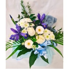 Teddy Bear in Blue Water Box Flowers