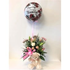 Fresh Happy Birthday Floral Arrangement With Teddy Bear
