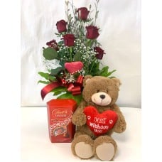 Valentines Lovers Gift (Six Red Roses in a vase with heart teddy and chocolates)