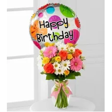 Happy Birthday Flowers with Birthday Balloon