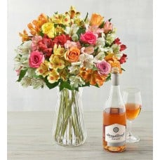 Blossoms & Wine - Assorted Roses, Lilies, and Wine (Assorted Roses & Peruvian Lilies with Rose)