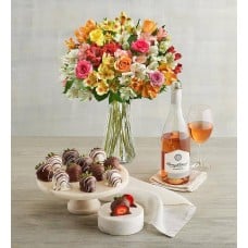Assorted Roses & Peruvian Lilies, Gourmet Drizzled Strawberries, and Wine (Assorted Roses & Peruvian Lilies, Gourmet Drizzled Strawberries, and Cabernet Sauvignon)