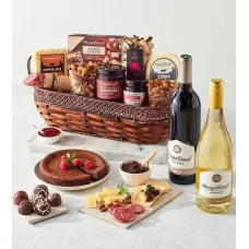 Gourmet Specialty Snacks Basket with Wine - 2 Bottles