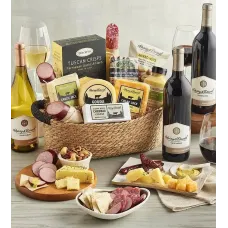 Deluxe Meat and Cheese Gift Basket with Wine - 3 Bottles