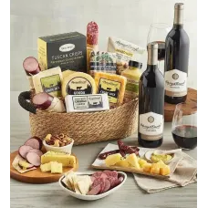 Deluxe Meat and Cheese Gift Basket with Wine - 2 Bottles