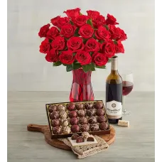 Two Dozen Red Roses, Chocolate Truffles, and Wine
