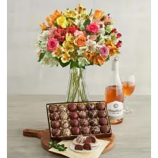 Assorted Roses & Peruvian Lilies, Chocolate Truffles, and Wine