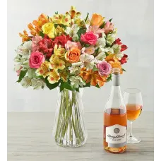 Blossoms & Wine™ - Assorted Roses, Lilies, and Wine