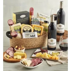 Deluxe Meat and Cheese Gift Basket with Wine - 2 Bottles