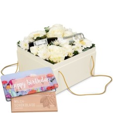 Flowerbox Â«MykonosÂ» (20 cm) with Prosecco Albino Armani DOC (20 cl) and Munz bar of chocolate Â«Happy BirthdayÂ»