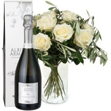 12 White Roses With Greenery And Prosecco Albino Armani Doc (Minimum)