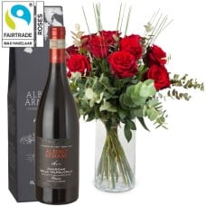 12 Red Fairtrade Max Havelaar-Roses with greenery and Amarone Albino Armani DOCG (75 cl)