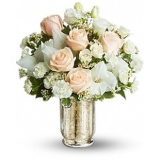 Round bouquet of roses, carnations and alstroemeria
