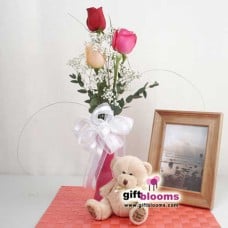 3 Multy-colored Roses in a Vase And  Teddy Bear