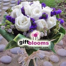 Bouquet of 11 White Roses And  Blue Statice Diana