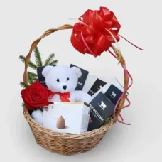 Chocolate platter with teddy bear and rose
