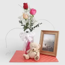 3 Multy-colored Roses in a Vase & Teddy Bear