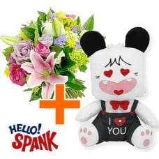 Hello Spank with 12" Black T-Shirt + Flowers (Classic Composition)