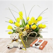 Tulips basket with teddy and chocolates (Normal)